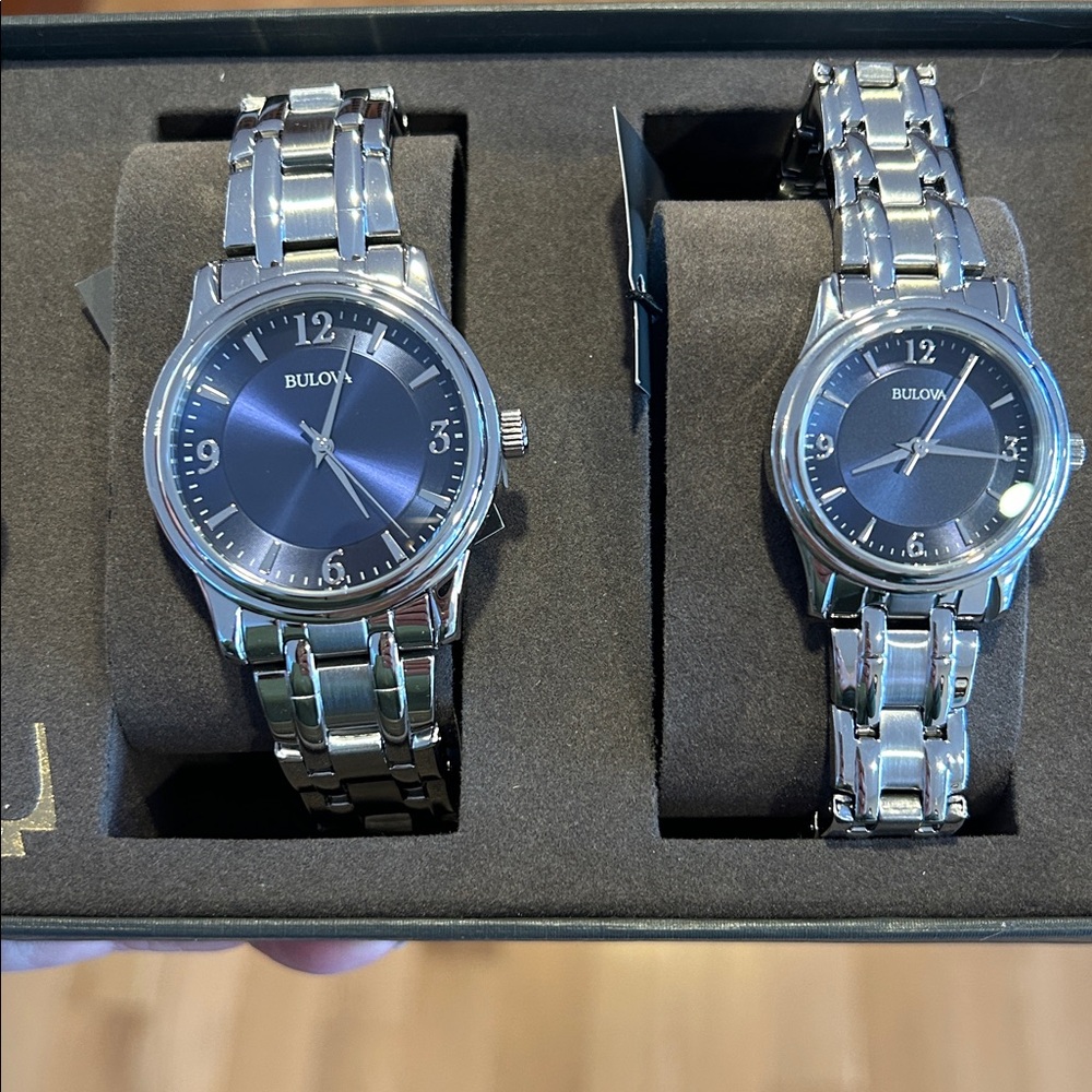 NWT Bulova His and Hers Stainless Steel Blue Dial Watch Set 96X158